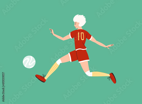 Female soccer player playing ball on green background. Young woman in sport clothes training running football field. Womens soccer team girl hits ball. Women athlete game exercise vector illustration