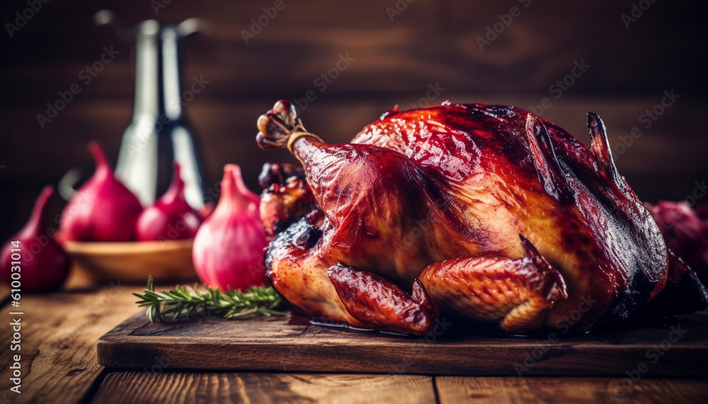 Rustic homemade turkey meal on wood table with fresh vegetables generated by AI Rustic homemade turkey meal on wood table with fresh vegetables generated by AI