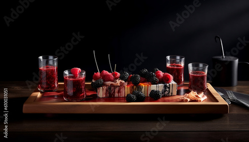 Fresh gourmet berries on wood table with sweet chocolate dessert generated by AI
