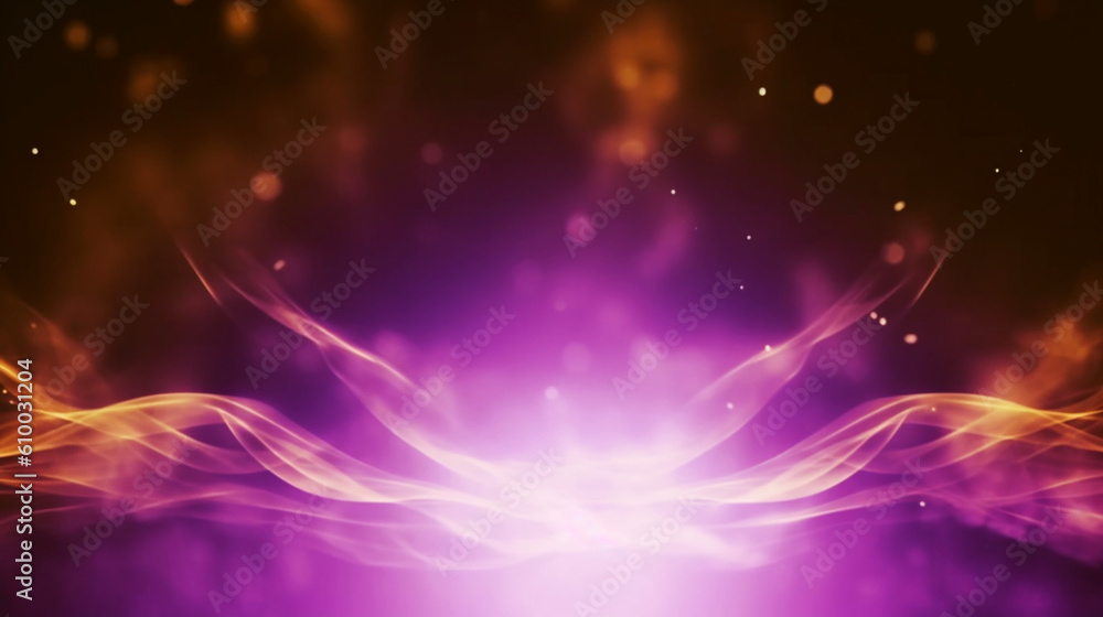 Empty postcard, purple backdrop with gold smoke wavy lines. Banner with copy space. Generative AI