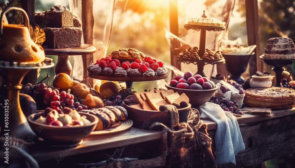 Rustic homemade dessert table with gourmet chocolate and berry variations generated by AI