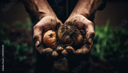 Organic farmer holding fresh vegetable seedling in muddy hands outdoors generated by AI