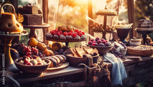 Rustic homemade dessert table with gourmet chocolate and berry variations generated by AI