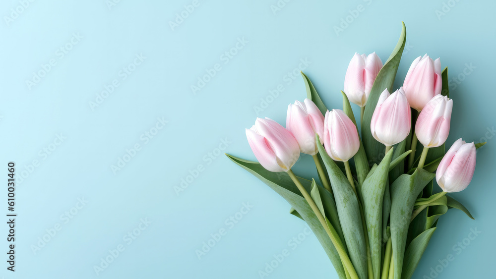 Obraz premium Pink tulips on pastel blue background. Flat lay, top view.