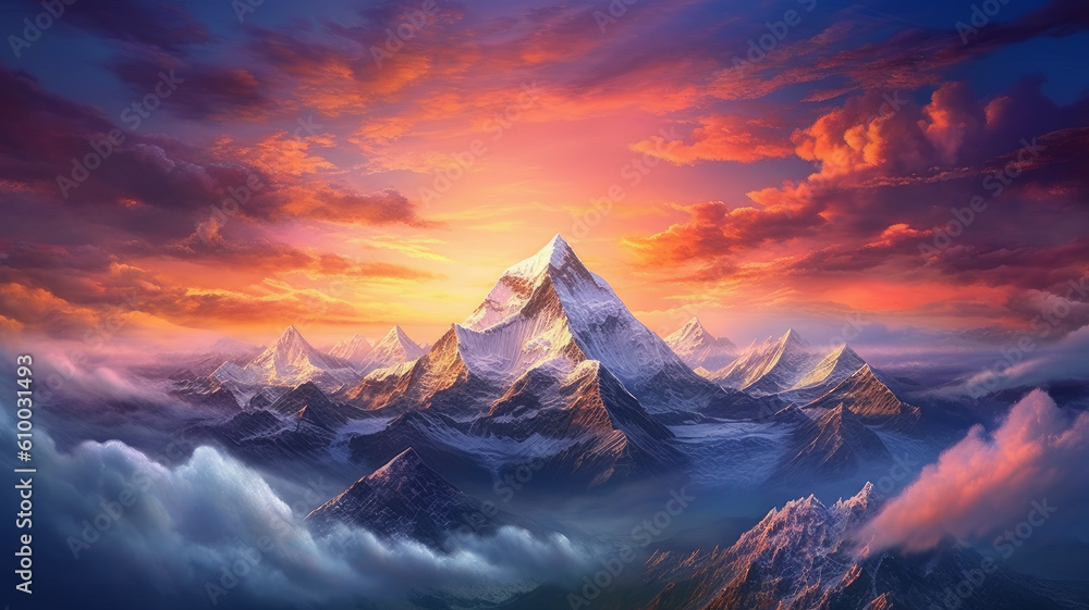 Everest in the light of a bright sunset. Generative AI