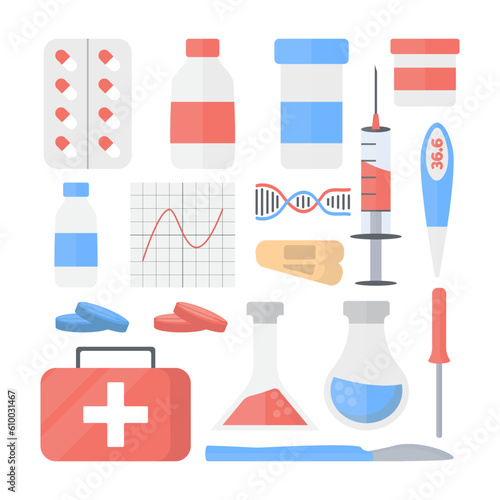 medicine, pharmacy, doctors kit, set of isolated objects. first aid kit, jars, syringe, thermometer, tablets, test tubes, medical icons. vector cartoon simple flat medecine items.