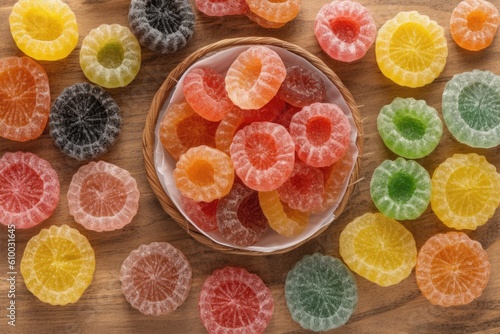 stock photo of candy gummy on the kitchen flat lay Food Photography AI Generated