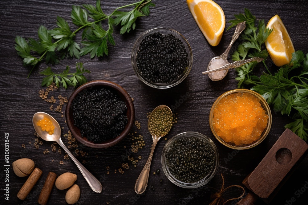 stock photo of caviar flat lay Food Photography AI Generated stock photo of caviar flat lay Food Photography AI Generated