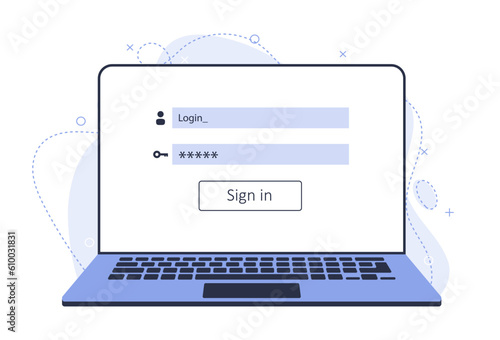 Login and password on laptop. Start web page template on laptop. New illustration with modern laptop
