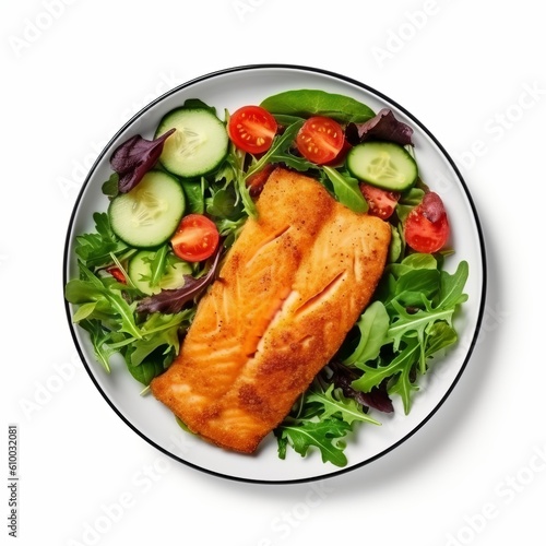 fish fillet with salad. Healthy food, keto diet, diet lunch concept. Top view on white background generative AI