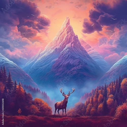 an image of a mountain with the clouds behind it and a deer in the distance Generative Ai