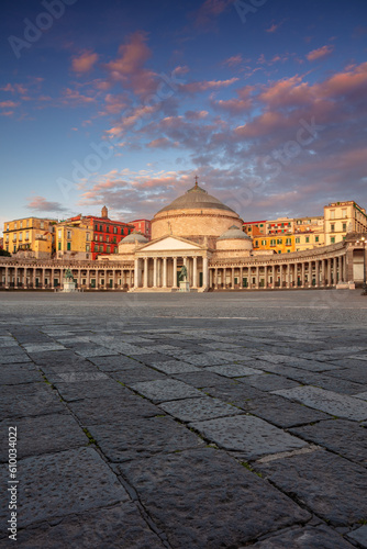 Naples, Italy. Cityscape image of Naples, Italy with the view of large public town square Piazza del Plebiscito at sunrise.