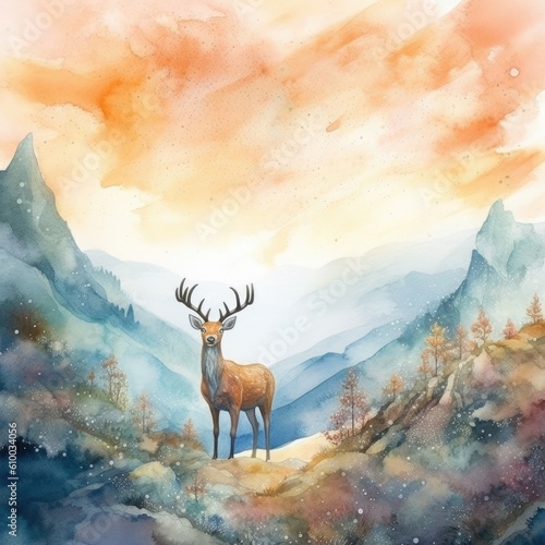 watercolor deer standing on a hill overlooking a beautiful landscape Generative Ai © gazemarinated
