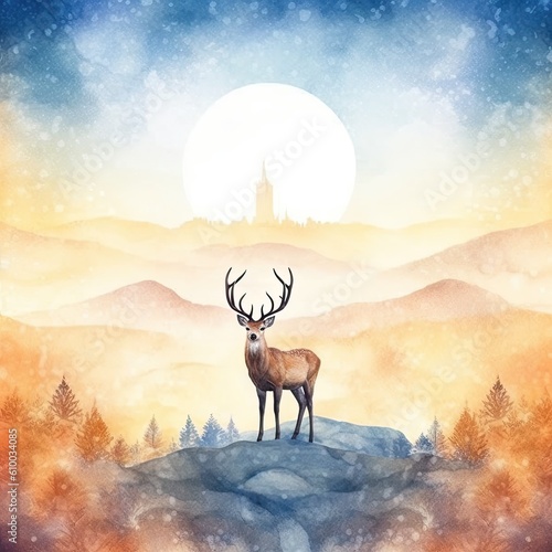 watercolor deer standing on a hill overlooking a beautiful landscape Generative Ai