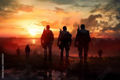 group of soldiers in the sunset 