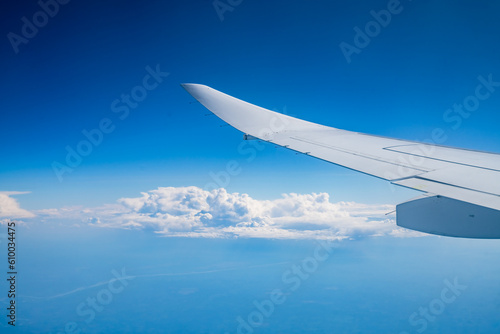 the wing of the aircraft against the background of the blue sky