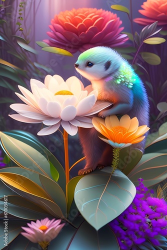 Cute creature holding a delicate flower in the middle of a vast, lush jungle, bathed in natural, volumetric lighting. Generative AI technology