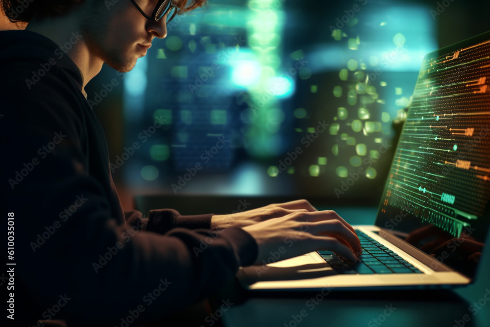 IT specialist programming code on a laptop, IT specialists, bokeh Generative AI IT specialist programming code on a laptop, IT specialists, bokeh Generative AI