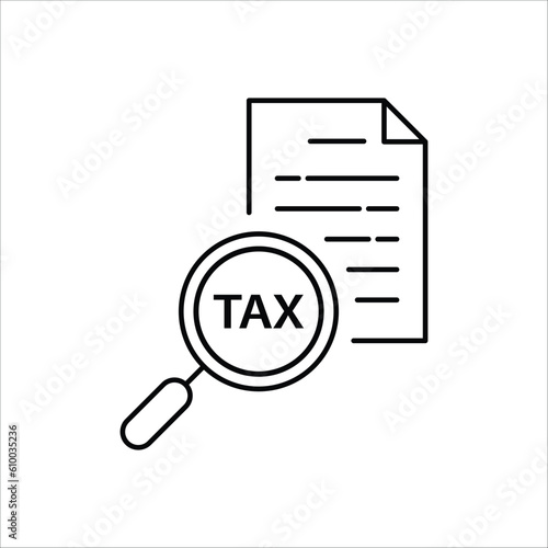 Tax identification icon. Simple outline style. Document with magnifying glass, file analysis concept. Vector illustration design isolated. EPS 10.