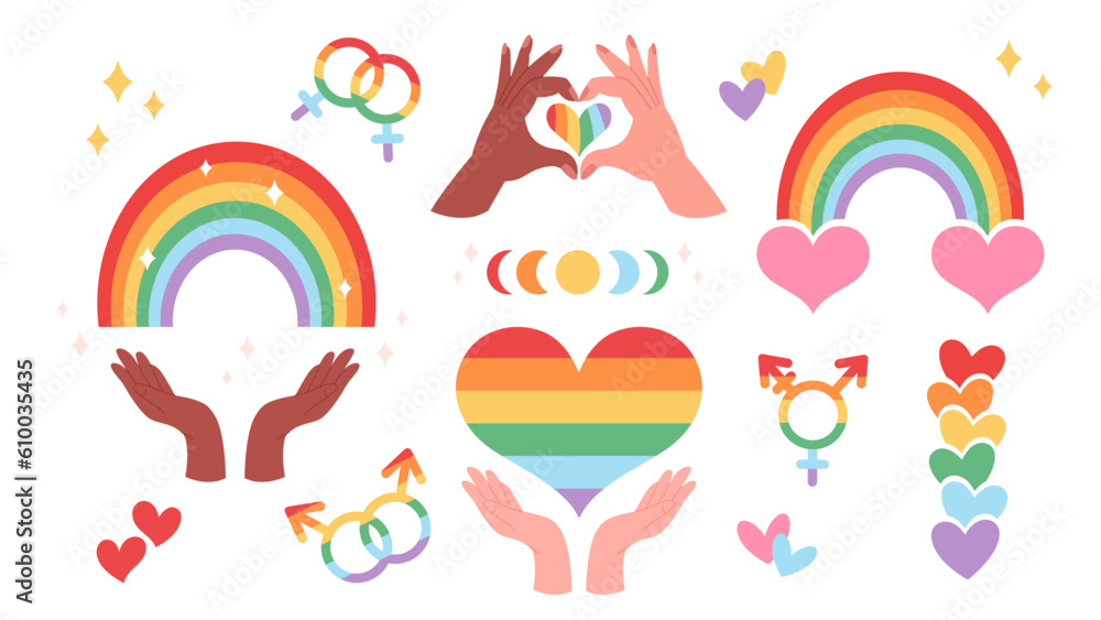 LGBTQ elements collection. LGBTQ Pride Month. Rainbow, hearts, gender symbols. Vector illustration in flat style