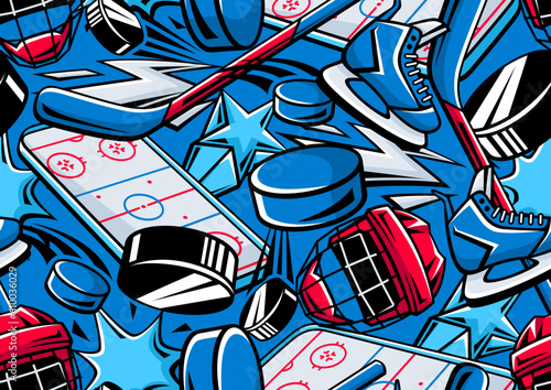 Pattern with hockey items. Sport club illustration. Healthy lifestyle background.