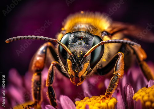 A close-up of a bee on a flower, showcasing detailed textures and vibrant colors. AI-generated. © Czintos Ödön