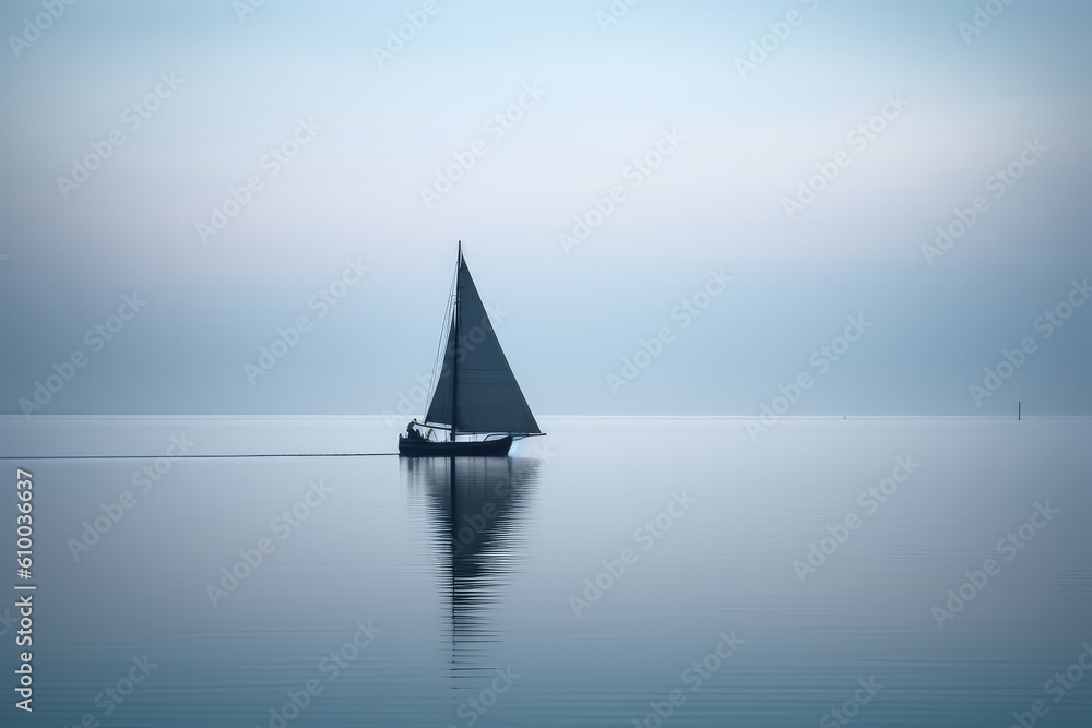 Minimalist photography of a sailboat, Japanese  minimalism. A sailing boat at sunset sails on the blue ocean against a blue sky. Generative AI professional photo imitation.