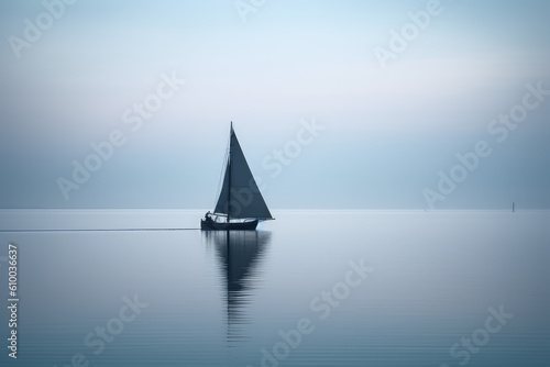 Minimalist photography of a sailboat, Japanese minimalism. A sailing boat at sunset sails on the blue ocean against a blue sky. Generative AI professional photo imitation.