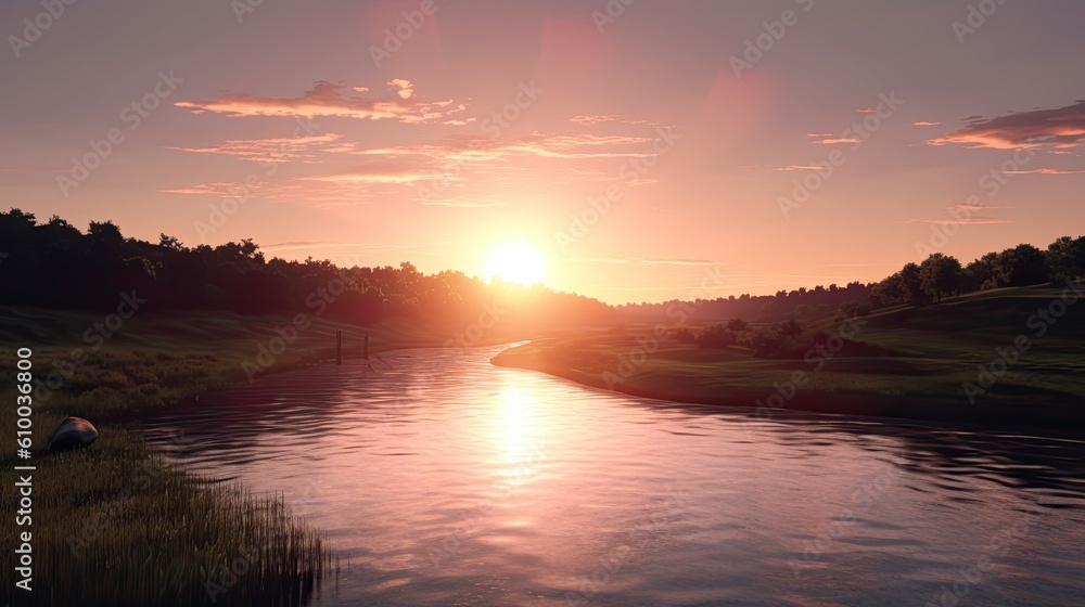 a river on the horizon with a sunrise behind it Generative Ai