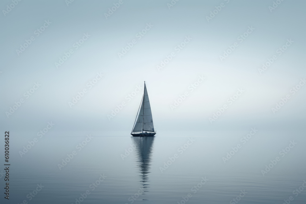 Minimal photography of a sailboat, Japanese minimalism. A sailing boat at sunset sails on the blue sea against a blue sky. Generative AI professional photo imitation.