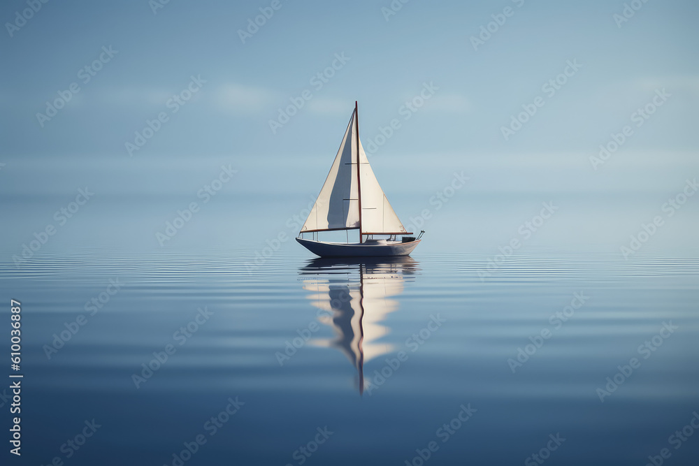 Minimalist photography of a sailboat, Japanese  minimalism. A sailing boat at sunset sails on the blue sea against a blue sunny sky. Generative AI professional photo imitation.