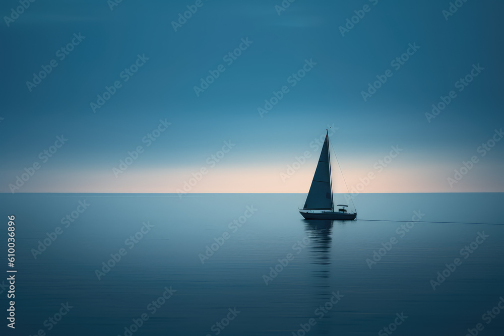 Minimalist photography of a sailboat, Japanese minimalism. A sailing boat at sunset sails on the blue sea against a dark blue sky. Generative AI professional photo imitation.