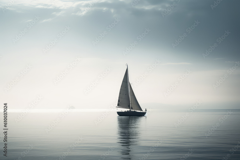Minimalist photography of a sailboat, Japanese minimalism. A sailing boat at sunset sails on the blue sea against a blue sky with clouds. Generative AI professional photo imitation.