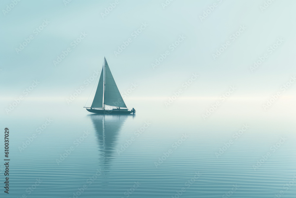Minimalist photography of a sailboat, Japanese minimalism, light colors. A sailing boat at sunset sails on the blue sea against a blue sky. Generative AI professional photo imitation.