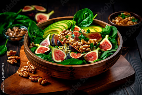 A bowl of figs walnuts and spinach on a cutting board. Generative AI