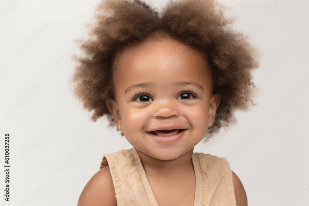 A portrait of a smiling Afro-American toddler in front of a white background. Advertising template for children's products. Photorealistic illustration generative AI. A portrait of a smiling Afro-American toddler in front of a white background. Advertising template for children's products. Photorealistic illustration generative AI.
