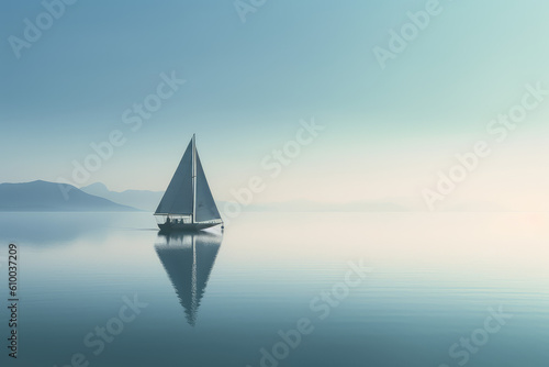 Minimalist photography of a sailboat, Japanese minimalism. A sailing boat at sunset sails on the clear blue sea against a blue sky. Generative AI professional photo imitation.
