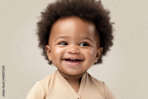 Close-up portrait of a smiling Afro-American toddler in front of a white background with copy space. Advertising template for children's products. Photorealistic illustration generative AI. © July P