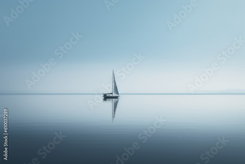 Minimalist photography of a sailboat in a distance, Japanese minimalism. A sailing boat at sunset sails on the blue sea against a blue sky. Generative AI professional photo imitation. © SnowElf