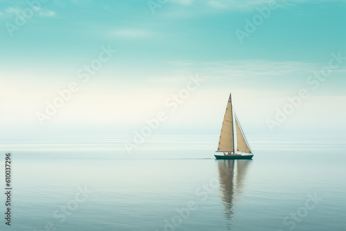 Minimalist photography of one sailboat, Japanese minimalism. A sailing boat at sunset sails on the blue sea against a blue sky. Generative AI professional photo imitation.