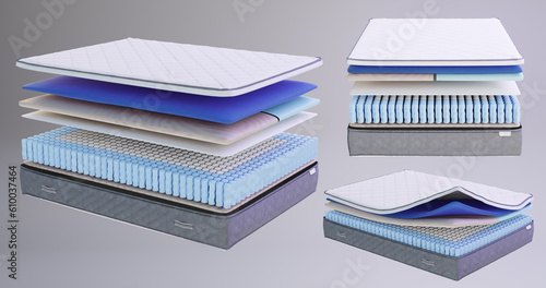 3d illustration from the front to the side of a prefabricated orthopedic mattress structure with a spring block consisting of layers of elastic foam, independent springs, gel cooling layer photo