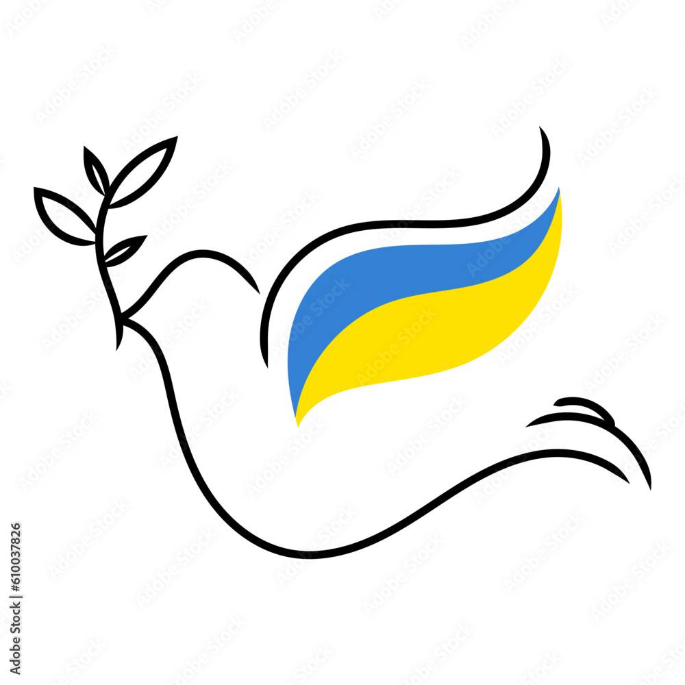 Pigeon with Ukrainian flag. Flying dove with laurel branch. Symbol of peace. No war. Vector illustration isolated on white background. Pigeon with Ukrainian flag. Flying dove with laurel branch. Symbol of peace. No war. Vector illustration isolated on white background.