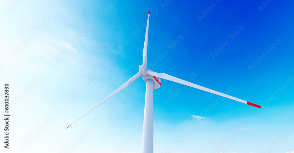 Offshore wind turbines farm on the ocean. Sustainable energy production, clean power. Close-up wind turbine. 3D Rendering. Offshore wind turbines farm on the ocean. Sustainable energy production, clean power. Close-up wind turbine. 3D Rendering.
