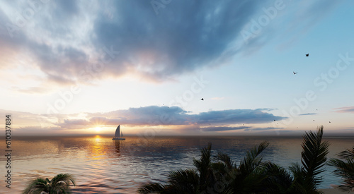 Sunset sky over the sea and beach. Waves washing the sand. Palm trees on the caribbean tropical beach. Vacation travel background. Holiday concept.