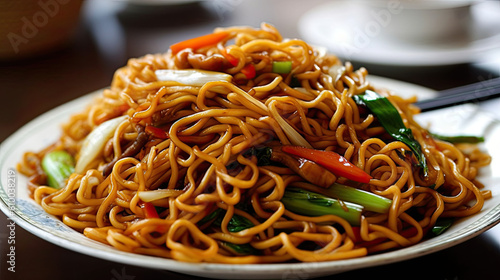 Chow mein, indian noodle stir fry created with Generative AI technology photo