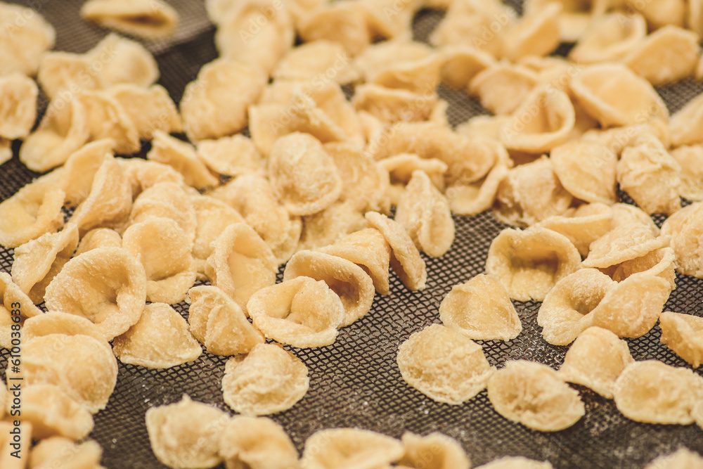 Fresh orecchiette or orecchietta, handmade pasta made with durum wheat and water, typical of Puglia or Apulia, a region of Southern Italy, close up Fresh orecchiette or orecchietta, handmade pasta made with durum wheat and water, typical of Puglia or Apulia, a region of Southern Italy, close up
