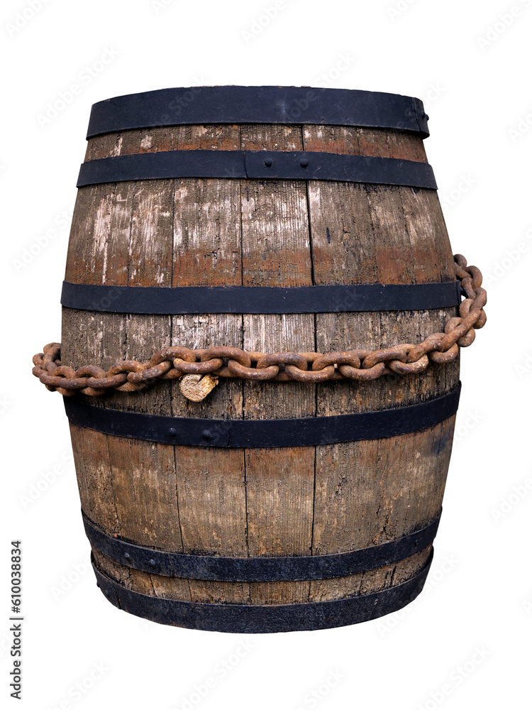 Obraz premium An old wooden barrel with a cork for making wine. Wrapped in a rusty iron chain.