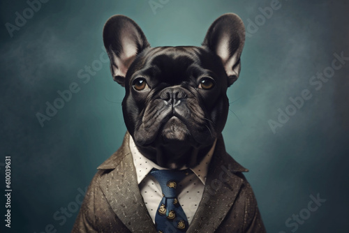 Portrait of a French Bulldog dressed in a formal business suit, generative AI © Ash