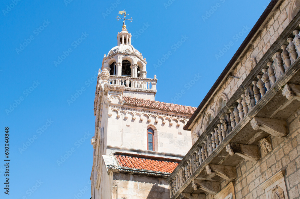 Decorated bell tower of the Cathedral of St Mark in Korcula town, Croatia