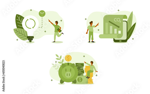 sustainability illustration set. characters using clean energy to electricity, that keeps co2 down and saves you more money. clean energy and saving money concept. vector illustration.